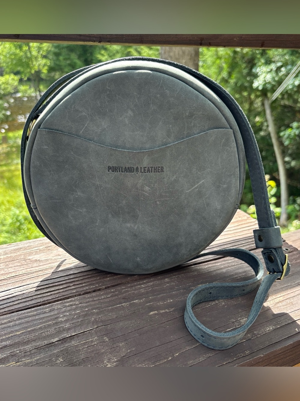 Portland Leather "Almost Perfect" Large Circle Crossbody Bag "Storm" Gray 9x2.5"